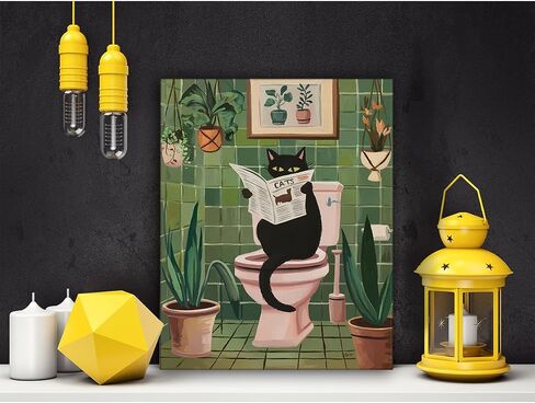 Funny Bathroom Wall Art Black Cat Reading Newspaper on Toilet Picture Print Botanical Artwork Poster Bathroom Wall Decor 8X10 Inches in Saudi Arabia