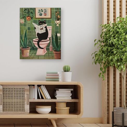 Funny Bathroom Wall Art Black Cat Reading Newspaper on Toilet Picture Print Botanical Artwork Poster Bathroom Wall Decor 8X10 Inches in Saudi Arabia