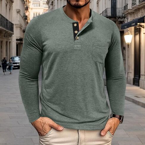 Mens Henley Shirts Long Sleeve Casual Fashion Classic Cotton T-Shirts Lightweight Button Tee Shirts with Pocket in Saudi Arabia