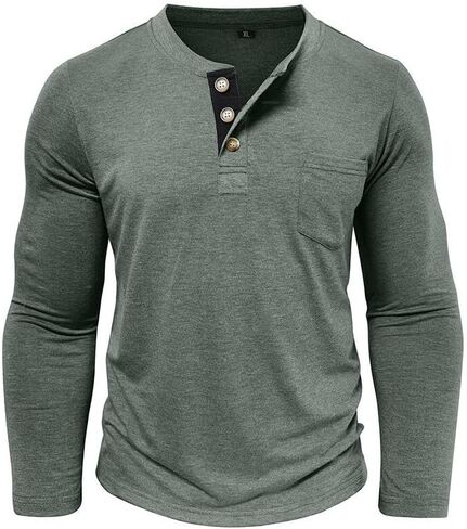 Mens Henley Shirts Long Sleeve Casual Fashion Classic Cotton T-Shirts Lightweight Button Tee Shirts with Pocket in Saudi Arabia