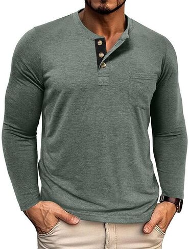 Mens Henley Shirts Long Sleeve Casual Fashion Classic Cotton T-Shirts Lightweight Button Tee Shirts with Pocket in Saudi Arabia