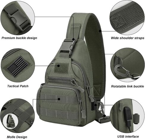 Tactical Sling Crossbody Backpack with Water Bottle Holder, MOLLE EDC Shoulder Sling Chest Bags with USB Charging Port for Travel Walk(Black) in Kuwait