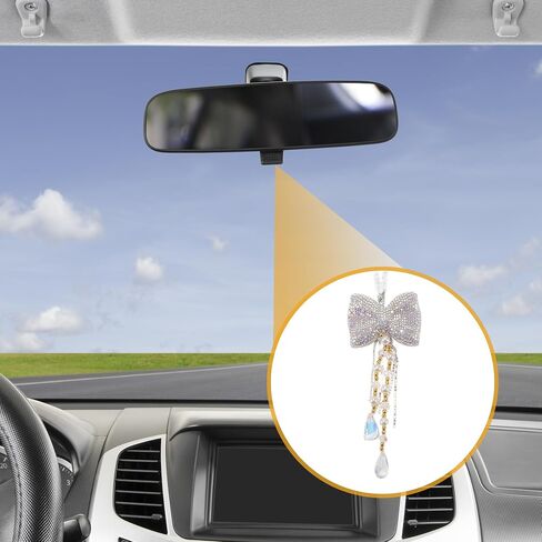 1 Pc Rhinestones Diamond Bow Car Rear View Mirror Pendant Accessories Car Hanging Ornament Pink in Saudi Arabia