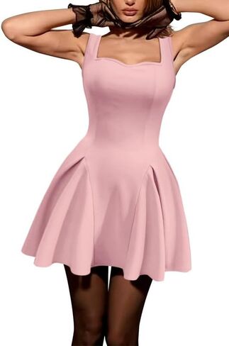 Women's Fit and Flare Mini Dress-Tank Sleeveless Square Neck Sexy Ruffle A Line Club Party Going Out Dresses in Saudi Arabia