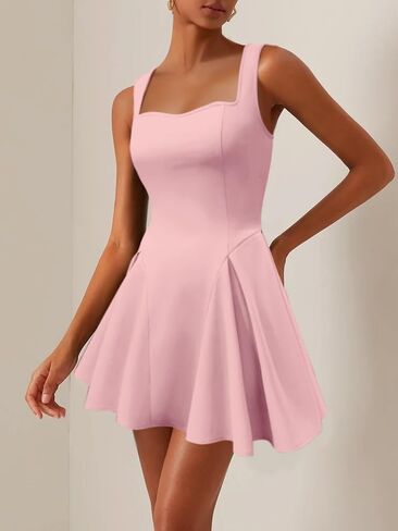 Women's Fit and Flare Mini Dress-Tank Sleeveless Square Neck Sexy Ruffle A Line Club Party Going Out Dresses in Saudi Arabia