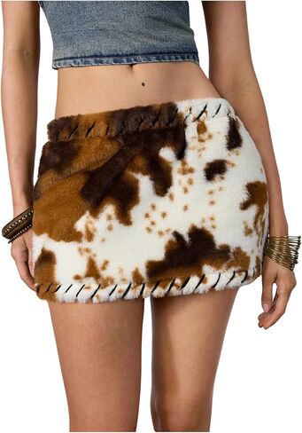 MakeMeChic Women's Cow Print Fuzzy Mini Skirt Bodycon Low Waisted Cowboy Chic Outfits in Saudi Arabia