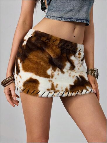 MakeMeChic Women's Cow Print Fuzzy Mini Skirt Bodycon Low Waisted Cowboy Chic Outfits in Saudi Arabia