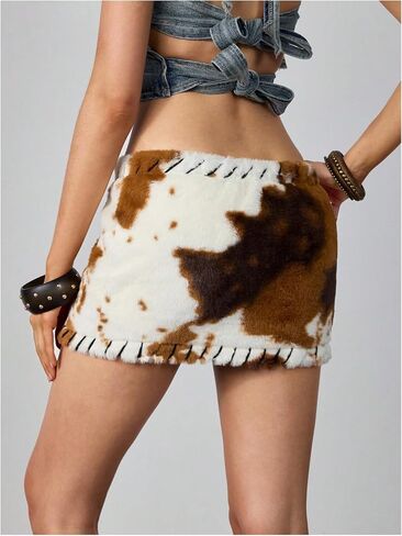 MakeMeChic Women's Cow Print Fuzzy Mini Skirt Bodycon Low Waisted Cowboy Chic Outfits in Saudi Arabia