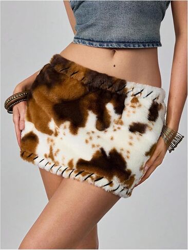 MakeMeChic Women's Cow Print Fuzzy Mini Skirt Bodycon Low Waisted Cowboy Chic Outfits in Saudi Arabia