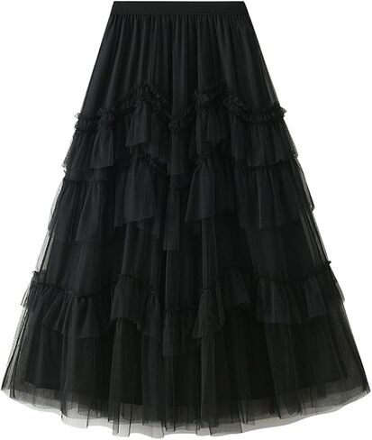 Tulle Skirts for Women Ruffles Tiered Layered Mesh Skirt Elastic High Waist A Line Midi Tutu Skirts Summer Petticoat in Saudi Arabia