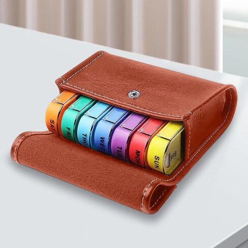 Weekly Pill Organizer 4 Times a Day, Large 7 Day Pill Box 4 Times a Day with Separate Container, Portable Pill Case for Medication, Vitamins, Fish Oil and Supplements - Brown Leather Box in Saudi Arabia