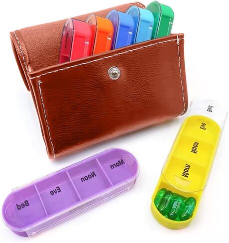 Weekly Pill Organizer 4 Times a Day, Large 7 Day Pill Box 4 Times a Day with Separate Container, Portable Pill Case for Medication, Vitamins, Fish Oil and Supplements - Brown Leather Box in Saudi Arabia