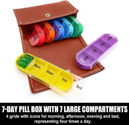 Weekly Pill Organizer 4 Times a Day, Large 7 Day Pill Box 4 Times a Day with Separate Container, Portable Pill Case for Medication, Vitamins, Fish Oil and Supplements - Brown Leather Box in Saudi Arabia