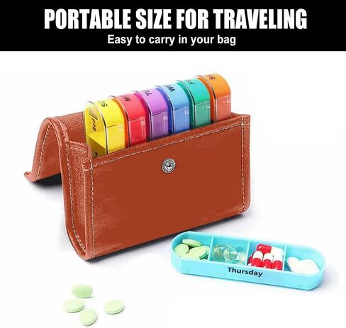 Weekly Pill Organizer 4 Times a Day, Large 7 Day Pill Box 4 Times a Day with Separate Container, Portable Pill Case for Medication, Vitamins, Fish Oil and Supplements - Brown Leather Box in Saudi Arabia