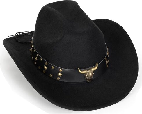 Classic-Western-Cowboy-Hat Upturn-Brim Felt-Cowgirl-Hat Rodeo-Hat with Belt for Women Men (Fit for 22.4-23.2") in Kuwait