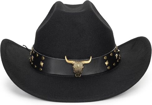 Classic-Western-Cowboy-Hat Upturn-Brim Felt-Cowgirl-Hat Rodeo-Hat with Belt for Women Men (Fit for 22.4-23.2") in Kuwait