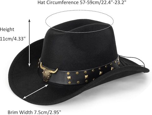 Classic-Western-Cowboy-Hat Upturn-Brim Felt-Cowgirl-Hat Rodeo-Hat with Belt for Women Men (Fit for 22.4-23.2") in Kuwait