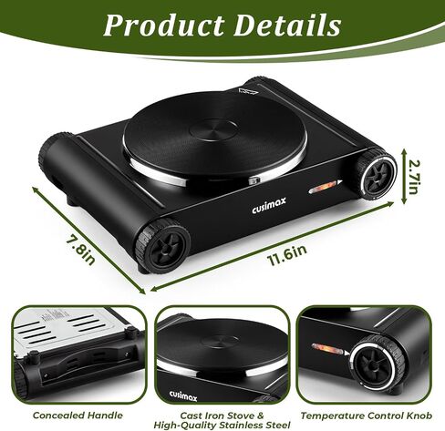 Cusimax Hot Plate,Countertop Triple Burner with 7″Cast Iron Cooktop,Electric Hot Plate for Cooking,11 Level Temperature Setting in Kuwait