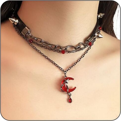 Moon Black Gothic Necklace for Women Halloween Choker Chunky Leather Layered Charm Goth Punk Necklace in Kuwait