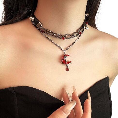 Moon Black Gothic Necklace for Women Halloween Choker Chunky Leather Layered Charm Goth Punk Necklace in Kuwait