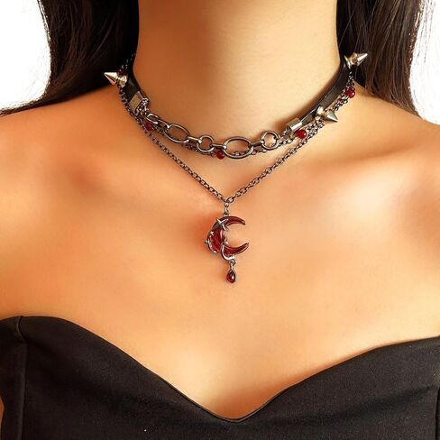 Moon Black Gothic Necklace for Women Halloween Choker Chunky Leather Layered Charm Goth Punk Necklace in Kuwait