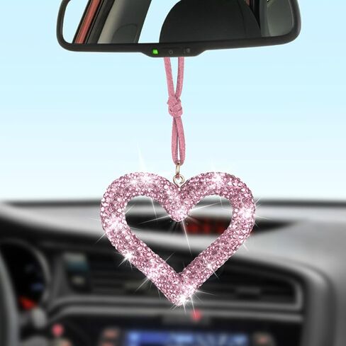 Bling Heart Car Hanging Accessories, Bling Rear View Mirror Accessories, Universal Bling Heart Diamond Car Accessories for Cars, Trucks, SUVs (Pink) in Kuwait