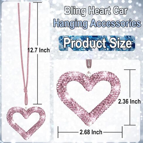 Bling Heart Car Hanging Accessories, Bling Rear View Mirror Accessories, Universal Bling Heart Diamond Car Accessories for Cars, Trucks, SUVs (Pink) in Kuwait