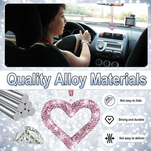Bling Heart Car Hanging Accessories, Bling Rear View Mirror Accessories, Universal Bling Heart Diamond Car Accessories for Cars, Trucks, SUVs (Pink) in Kuwait