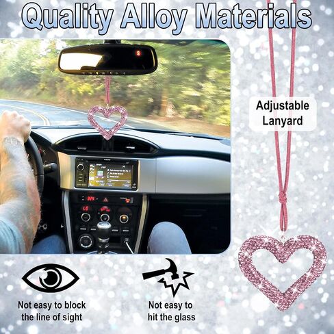 Bling Heart Car Hanging Accessories, Bling Rear View Mirror Accessories, Universal Bling Heart Diamond Car Accessories for Cars, Trucks, SUVs (Pink) in Kuwait
