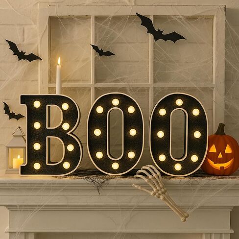 Baquler 3 Pcs Halloween Boo Decorations Light up Boo Sign Marquee LED Letters Lights Decor for Halloween Outdoor Home Room Kitchen Fireplace Tabletop Party Supplies (Black) in Saudi Arabia