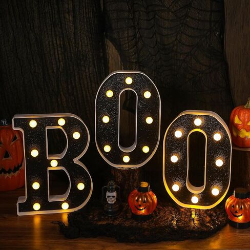 Baquler 3 Pcs Halloween Boo Decorations Light up Boo Sign Marquee LED Letters Lights Decor for Halloween Outdoor Home Room Kitchen Fireplace Tabletop Party Supplies (Black) in Saudi Arabia