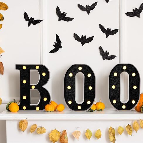 Baquler 3 Pcs Halloween Boo Decorations Light up Boo Sign Marquee LED Letters Lights Decor for Halloween Outdoor Home Room Kitchen Fireplace Tabletop Party Supplies (Black) in Saudi Arabia