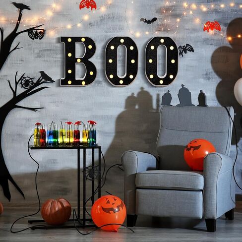 Baquler 3 Pcs Halloween Boo Decorations Light up Boo Sign Marquee LED Letters Lights Decor for Halloween Outdoor Home Room Kitchen Fireplace Tabletop Party Supplies (Black) in Saudi Arabia