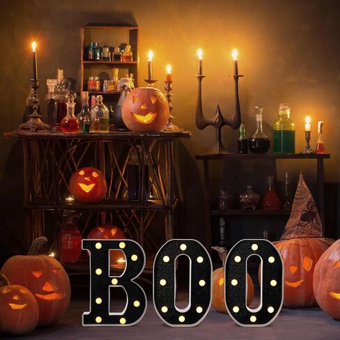 Baquler 3 Pcs Halloween Boo Decorations Light up Boo Sign Marquee LED Letters Lights Decor for Halloween Outdoor Home Room Kitchen Fireplace Tabletop Party Supplies (Black) in Saudi Arabia