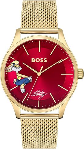 ساعة BOSS Elite للسيدات، هيكل من الستانلس ستيل مطلي بالذهب الأصفر وسوار شبكي، اللون: أصفر in Saudi Arabia