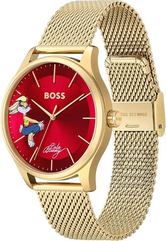 ساعة BOSS Elite للسيدات، هيكل من الستانلس ستيل مطلي بالذهب الأصفر وسوار شبكي، اللون: أصفر in Saudi Arabia