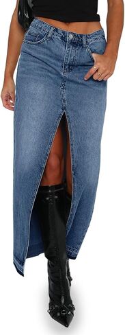 Fisoew Women's Long Denim Maxi Skirts High Waisted Frayed Hem Western Split Jean Skirt Streetwear in Saudi Arabia