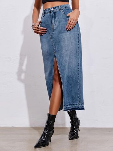 Fisoew Women's Long Denim Maxi Skirts High Waisted Frayed Hem Western Split Jean Skirt Streetwear in Saudi Arabia