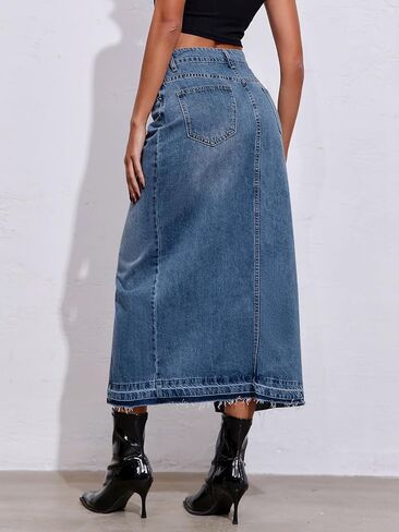 Fisoew Women's Long Denim Maxi Skirts High Waisted Frayed Hem Western Split Jean Skirt Streetwear in Saudi Arabia