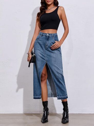Fisoew Women's Long Denim Maxi Skirts High Waisted Frayed Hem Western Split Jean Skirt Streetwear in Saudi Arabia