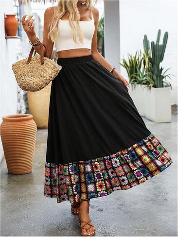 SweatyRocks Women's Floral Ruffle Maxi Skirts A Line High Waisted Vacation Boho Skirt in Saudi Arabia