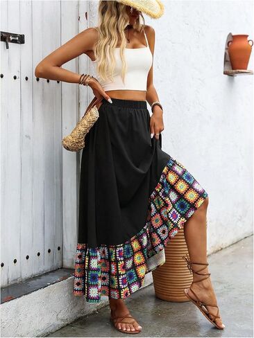 SweatyRocks Women's Floral Ruffle Maxi Skirts A Line High Waisted Vacation Boho Skirt in Saudi Arabia