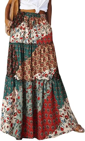 ADWAXDA Womens Boho Maxi Skirt, Floral Print Flowy High Waist Tiered Pleated Long Skirt with Pockets in Kuwait