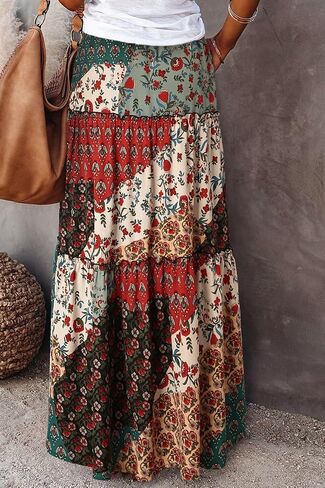 ADWAXDA Womens Boho Maxi Skirt, Floral Print Flowy High Waist Tiered Pleated Long Skirt with Pockets in Kuwait