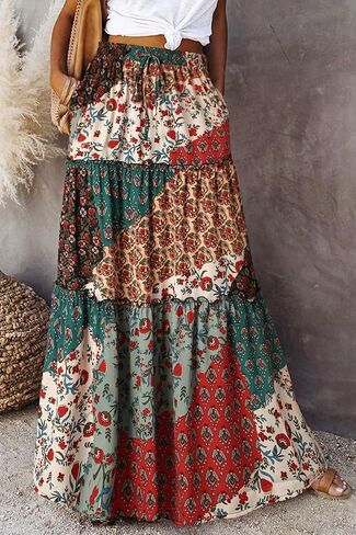 ADWAXDA Womens Boho Maxi Skirt, Floral Print Flowy High Waist Tiered Pleated Long Skirt with Pockets in Kuwait