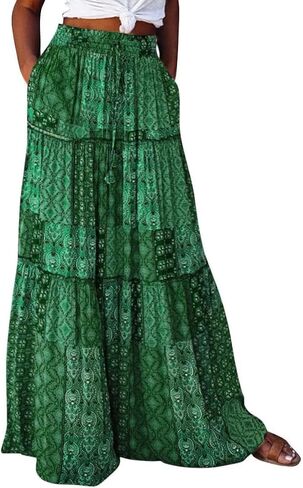 ADWAXDA Womens Boho Maxi Skirt, Floral Print Flowy High Waist Tiered Pleated Long Skirt with Pockets in Kuwait
