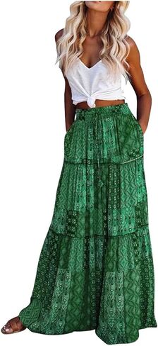 ADWAXDA Womens Boho Maxi Skirt, Floral Print Flowy High Waist Tiered Pleated Long Skirt with Pockets in Kuwait