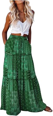 ADWAXDA Womens Boho Maxi Skirt, Floral Print Flowy High Waist Tiered Pleated Long Skirt with Pockets in Kuwait