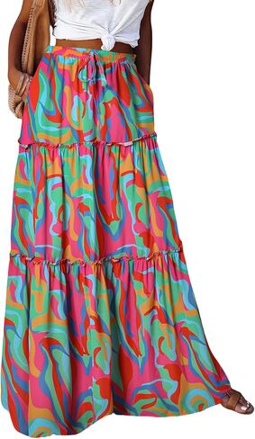 ADWAXDA Womens Boho Maxi Skirt, Floral Print Flowy High Waist Tiered Pleated Long Skirt with Pockets in Kuwait
