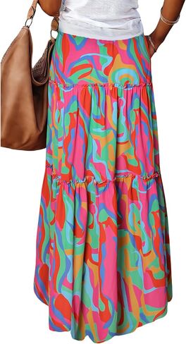 ADWAXDA Womens Boho Maxi Skirt, Floral Print Flowy High Waist Tiered Pleated Long Skirt with Pockets in Kuwait